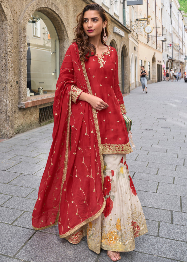 Cherry Red Chinon SIlk Palazzo Suit With Embroidered Work : Top Pick