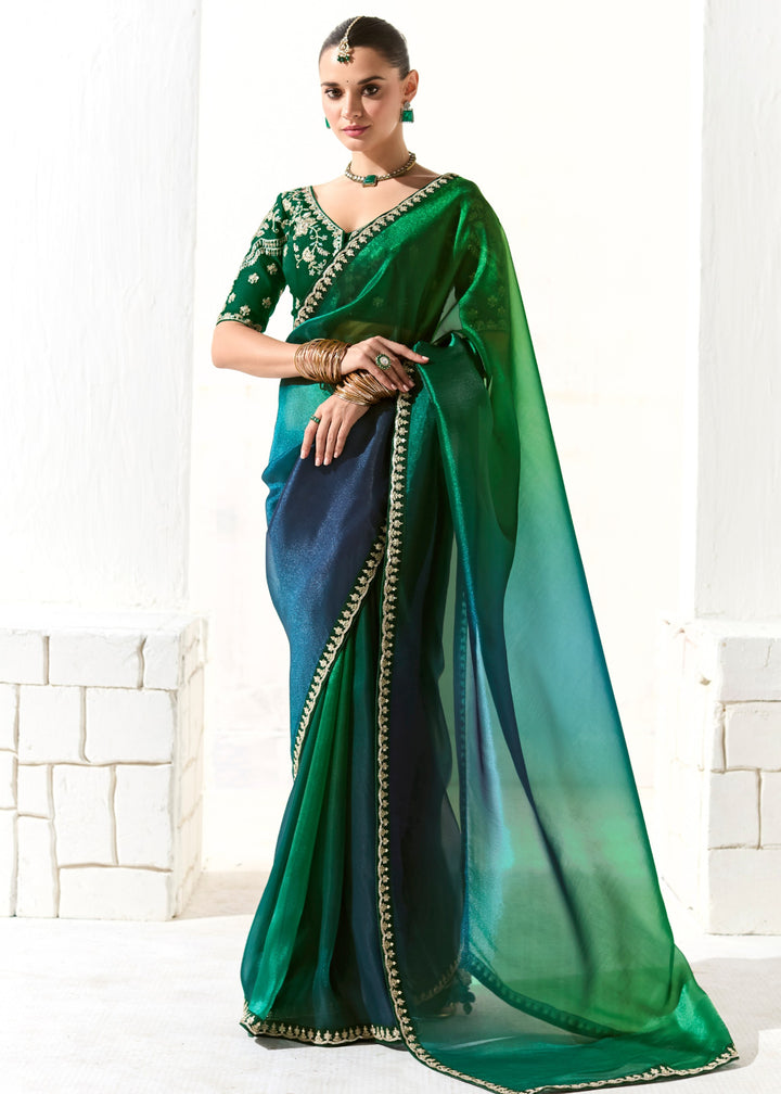 Pine Green Organza Tissue Silk Saree With Heavy Work Border And Designer Blouse