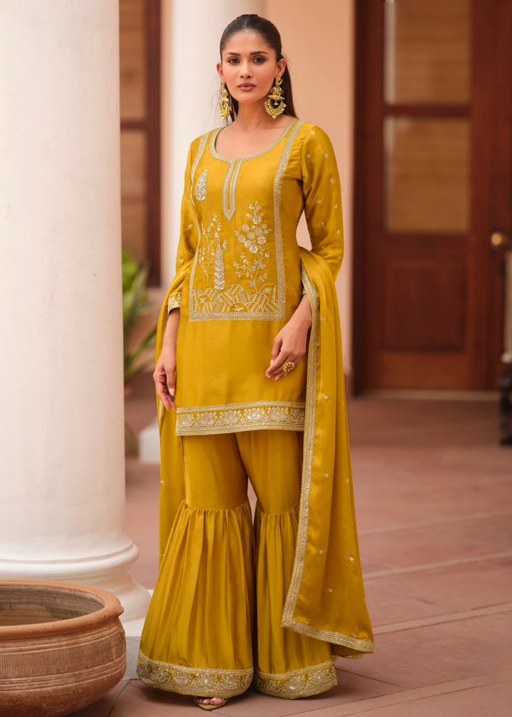 Olive Mustard Silk Satin Sharara Suit