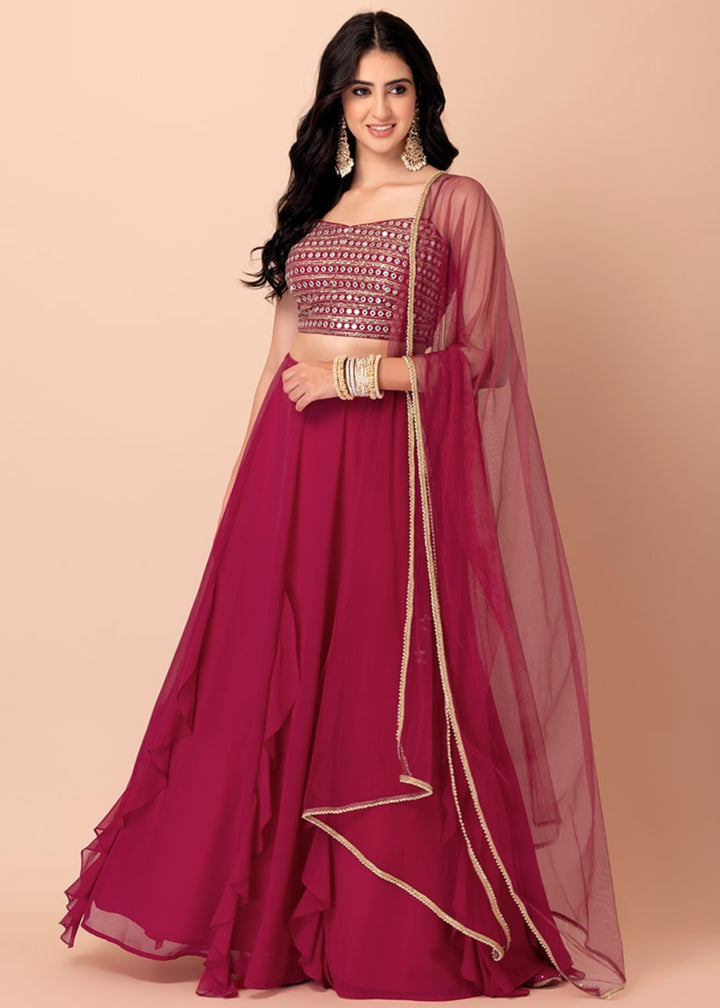 Raspberry Pink Georgette Lehenga Choli With Sequins And Thread Embroidery Work