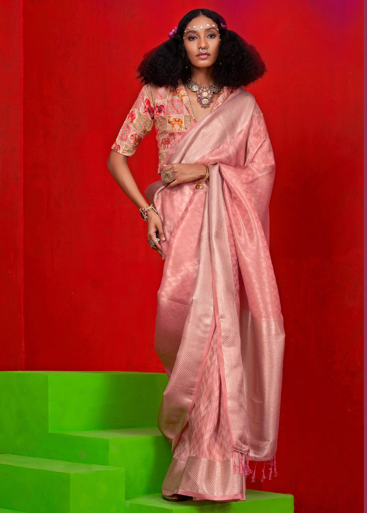Coral Pink Viscose Zari Tissue Silk Saree