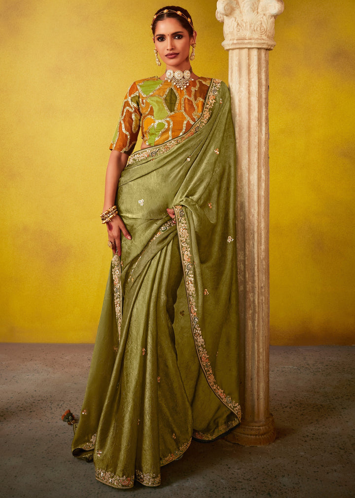 Olive Green Glass Tissue Silk Saree With Sequins And Thread Embroidered Work : Top Pick