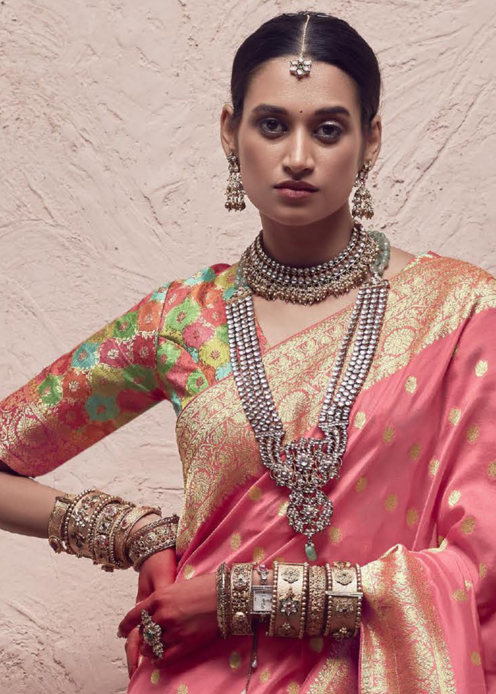 Watermelon Pink Zari Woven Dola Silk Saree With Zari Woven Blouse