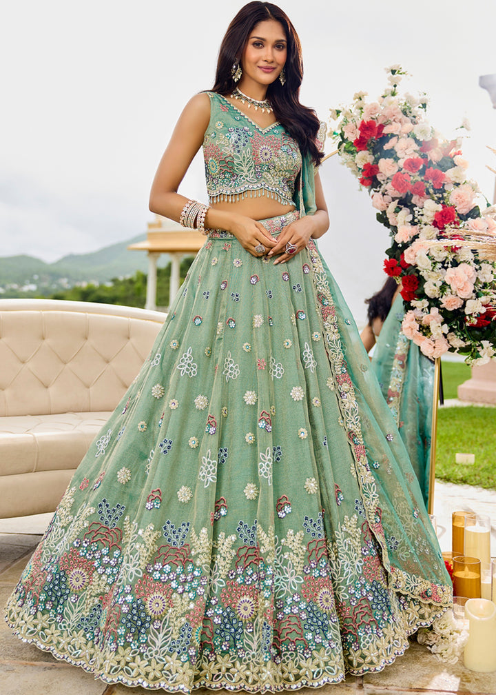 Limegreen Satin Silk Lehenga Choli with Sequinned Embroidered