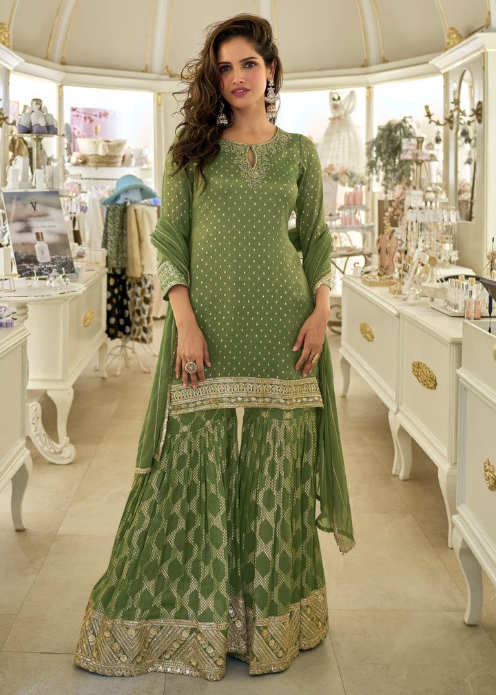 Green Viscose Simar Jacquard Silk Palazzo Suit