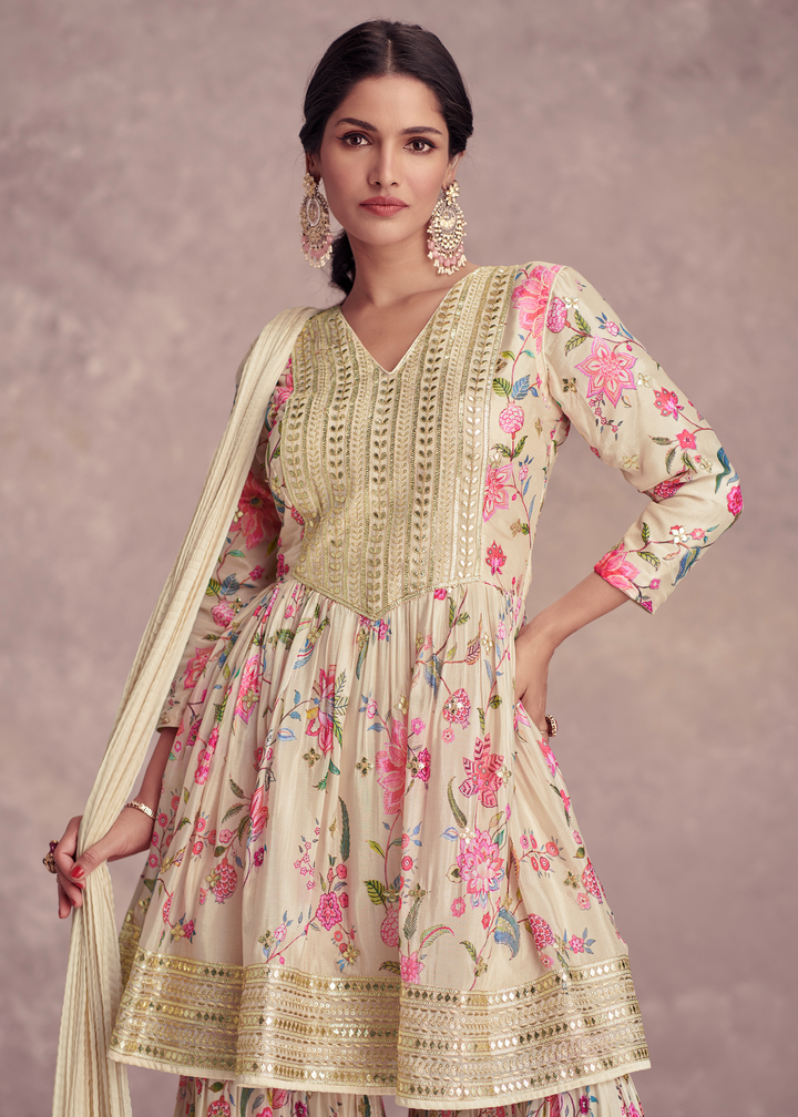 Tea Green Digital Floral Printed Chinon Suit with Embroidery work