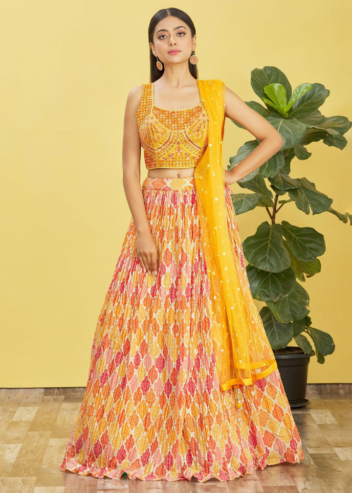 Saffron Yellow Digital Printed Chinnon Lehenga with Thread,Zari & Sequins Work