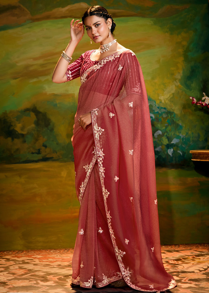 Passion Red Saree With Embroidery And Handwork Designer Cut Border