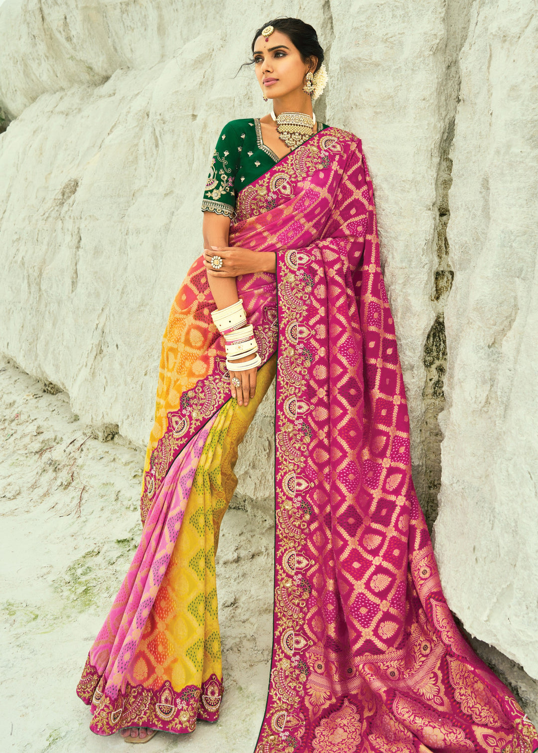 Soft Pink & Yellow Georgette Bandhej Saree With Moti & Cut-Dana Handwork Border