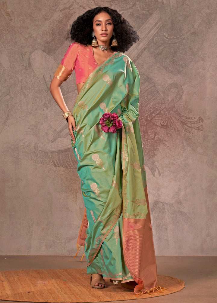 Persian Green Two Tone Handloom Weaving Silk Saree with Contrast Pallu