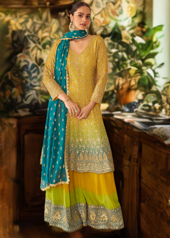 Lime Green Ombre With Gold Embroidery Georgette Palazzo Suit