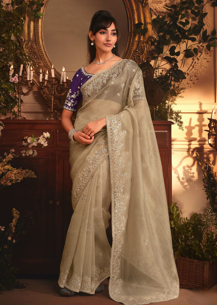 Beige Tissue Organza Saree With Heavy Embroidery