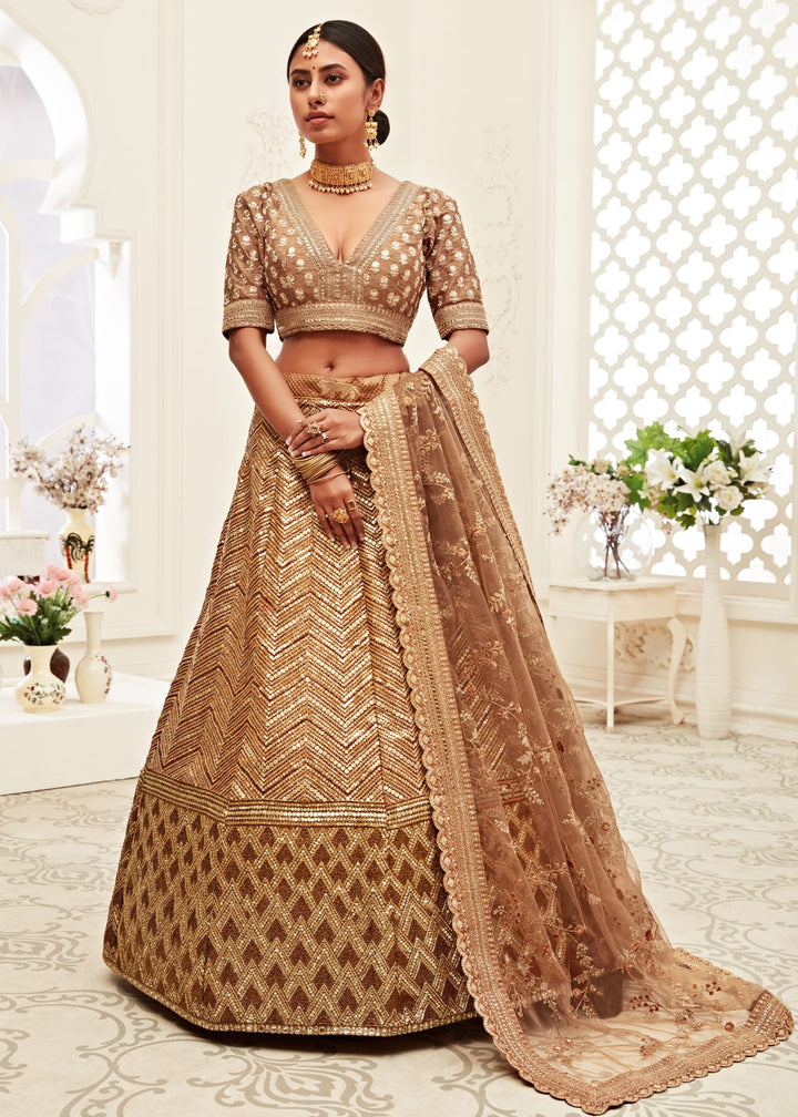 Brown Slub Silk Lehenga With Thread, Zari, Dori and Sequins Embroidery Work
