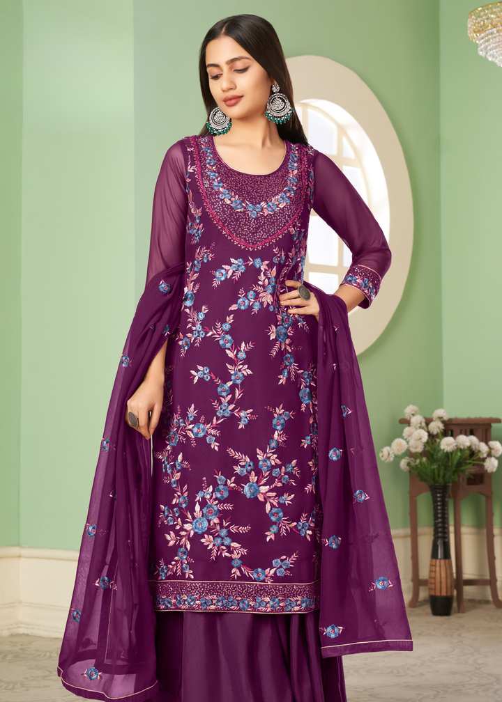 Lollipop Purple Georgette Salwar Suit with Multi Colour Thread Embroidery & Sequence work