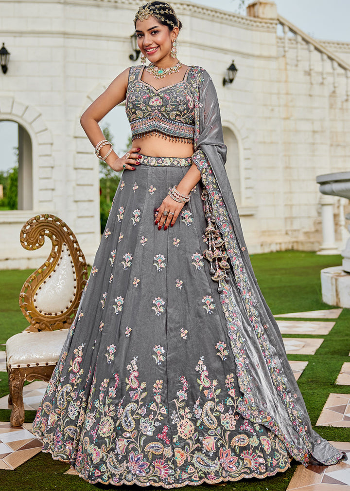 Grey Tissue Lehenga Choli with Sequinned Embroidered