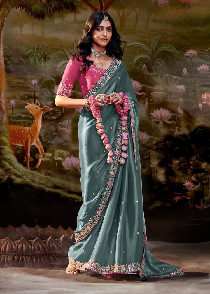 Pink And Grey Saree With Embroidery And Handwork Designer Cut Border