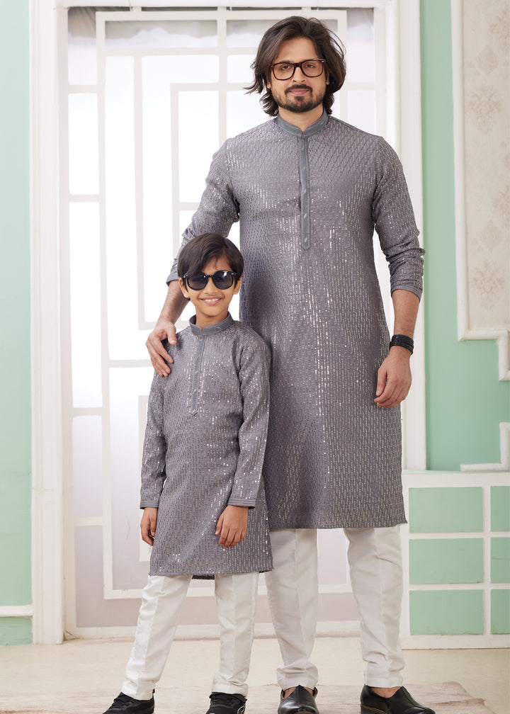 Flint Grey Silk Mens Kurta Set With Thread Embroidery Work