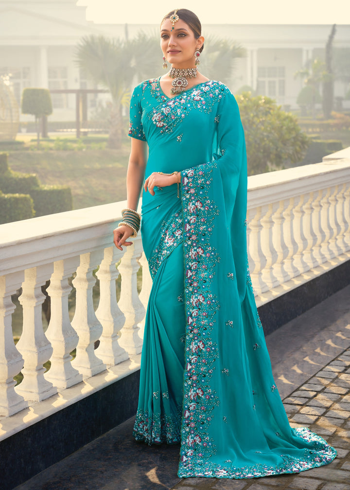 Firozi Pure Crape Saree With Moti Work