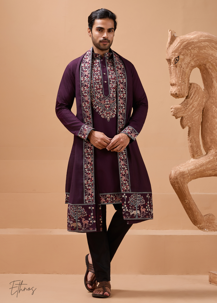 Purple Mens Wear Silk Kurta With Pant And Dupatta