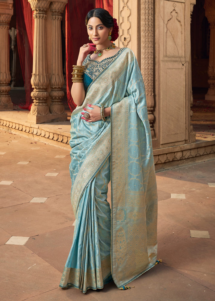 Sky Blue Satin Silk Saree With Beautiful Lace Border And Heavy Designer Embroidered Blouse