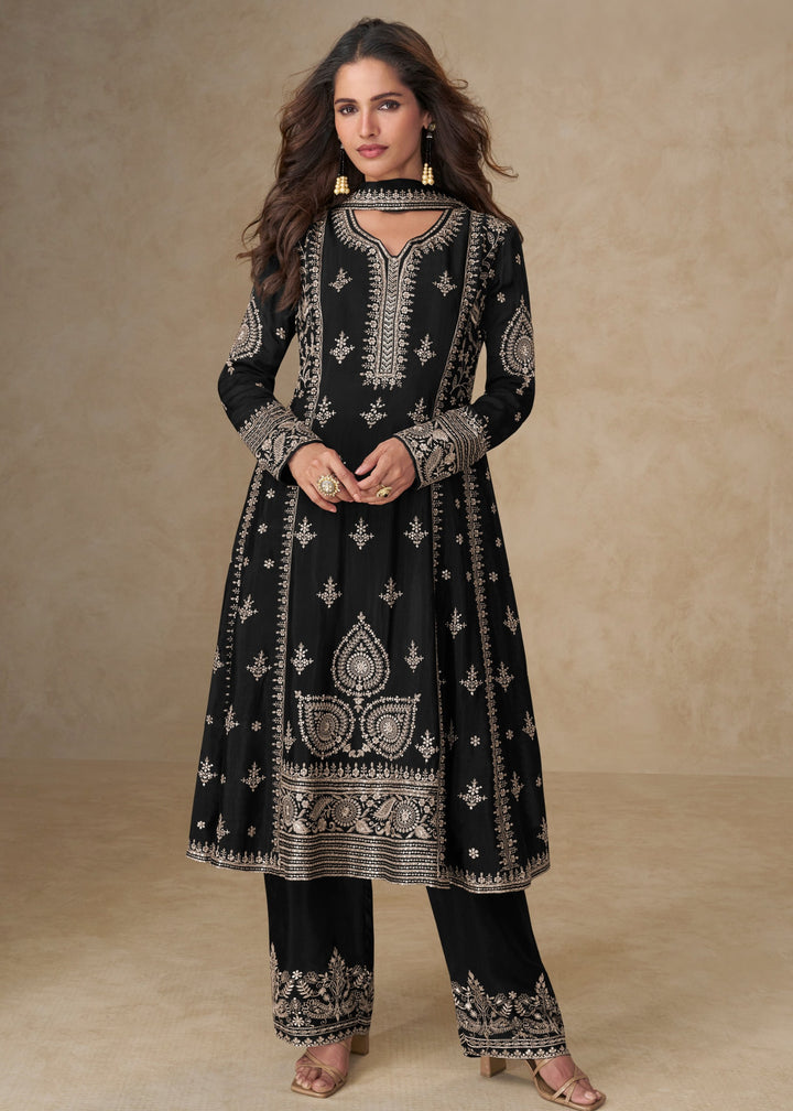 Raven Black Chinon Silk Suit With Embroidery Work