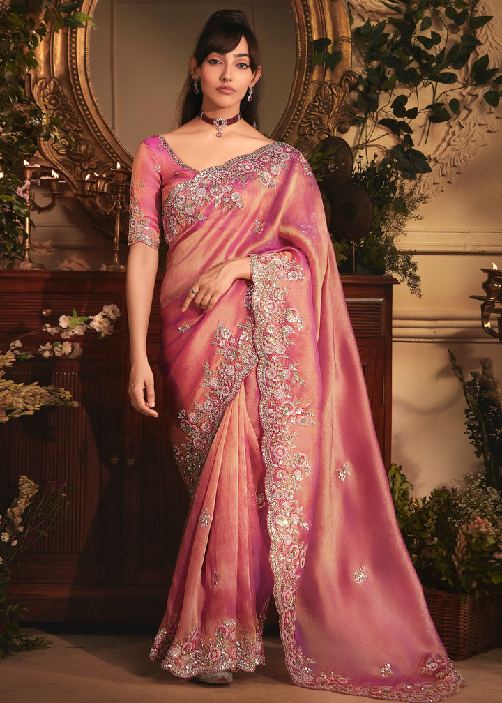 Deep Rose Pink Tissue Organza Saree With Heavy Embroidery