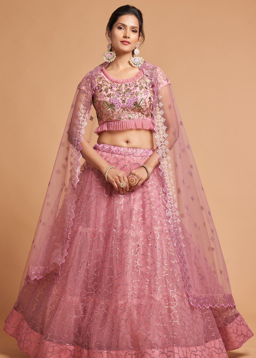 Flamingo Pink Designer Soft Net Lehenga Choli with Zari, Dori & Thread Embroidery work