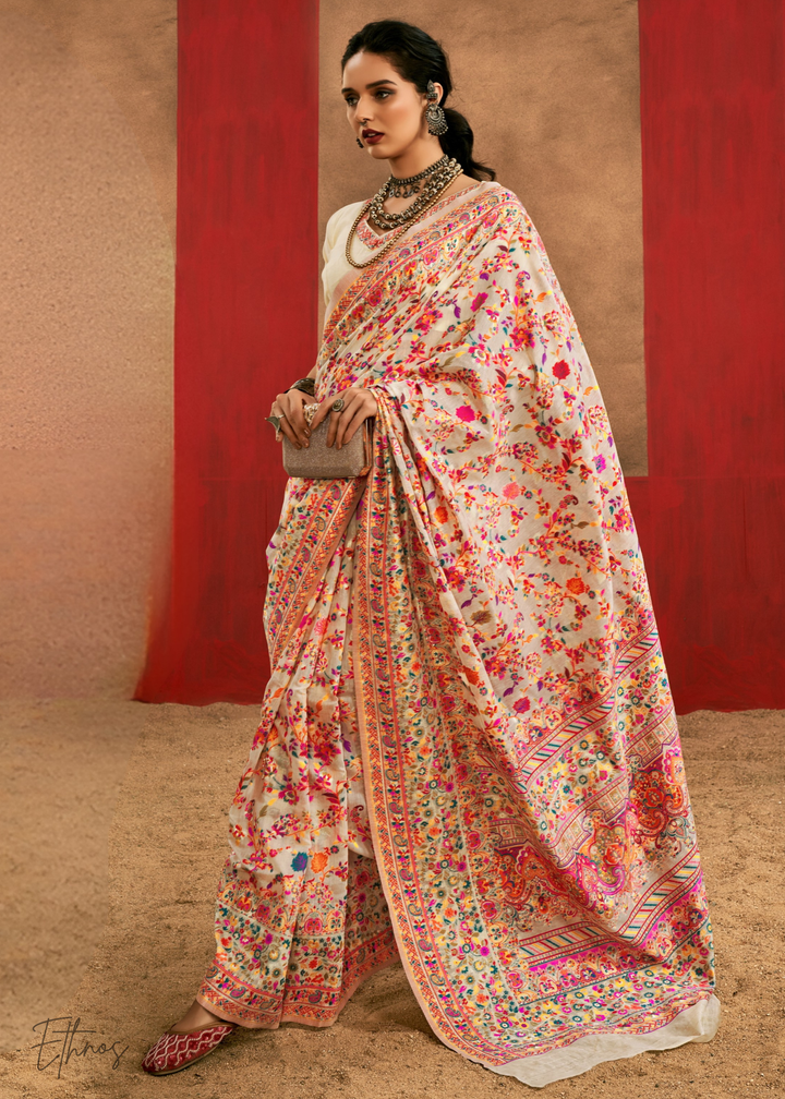 Soft Ivory Peach with Multicolour Kashmiri Floral Weave Saree
