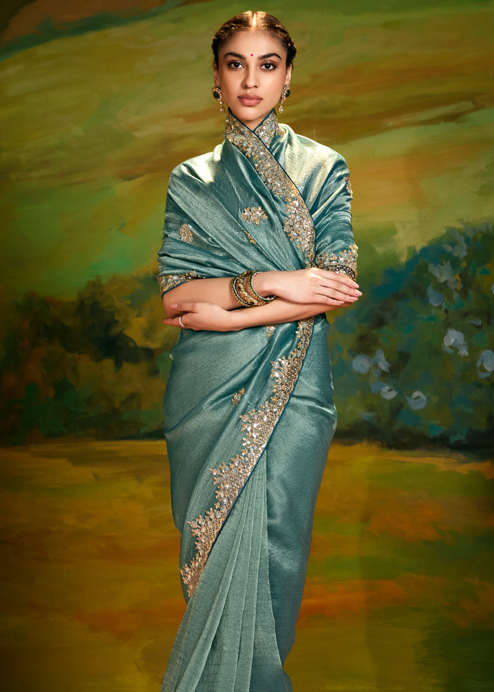 Pine Green Saree With Embroidery And Handwork Designer Cut Border