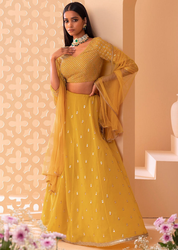Mustard Yellow Georgette Lehenga Choli With Sequins Zari Embroidered Work