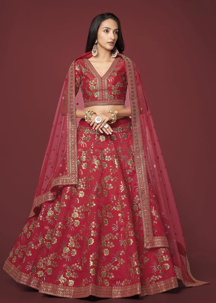 Red Slub Silk Lehenga with Zari Sequins and Dori Embroidery Work