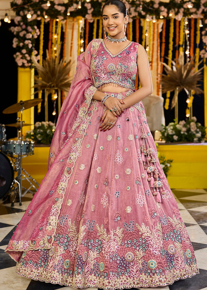Pink Satin Silk Lehenga Choli with Sequinned Embroidered