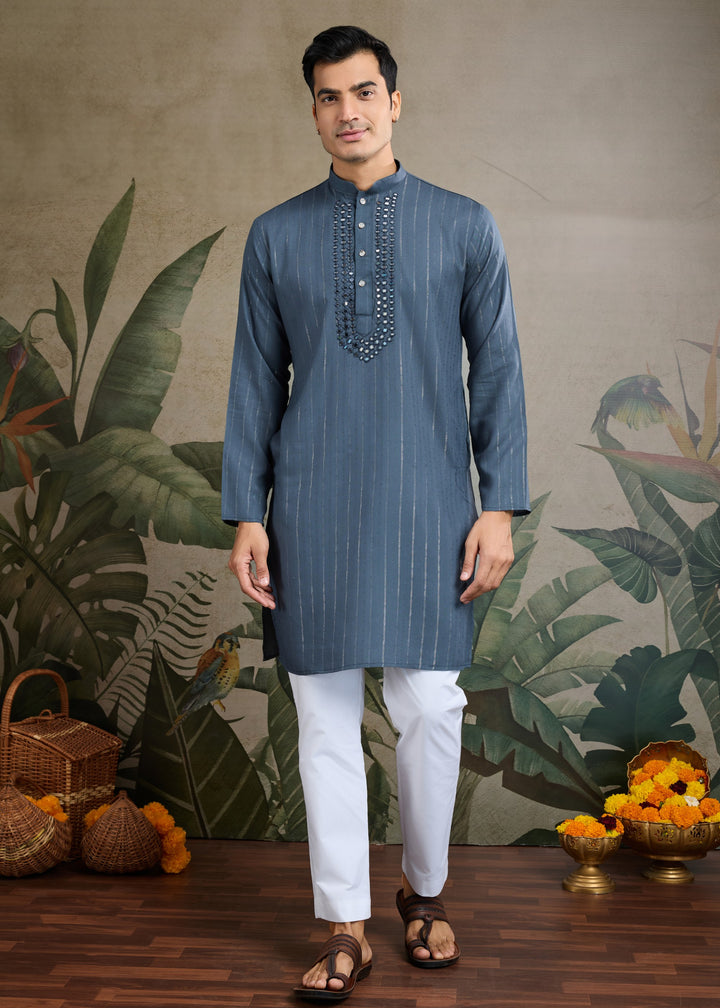 Steel Blue Viscose Rayon Mens Kurta With Self Design Zari And Mirror Work