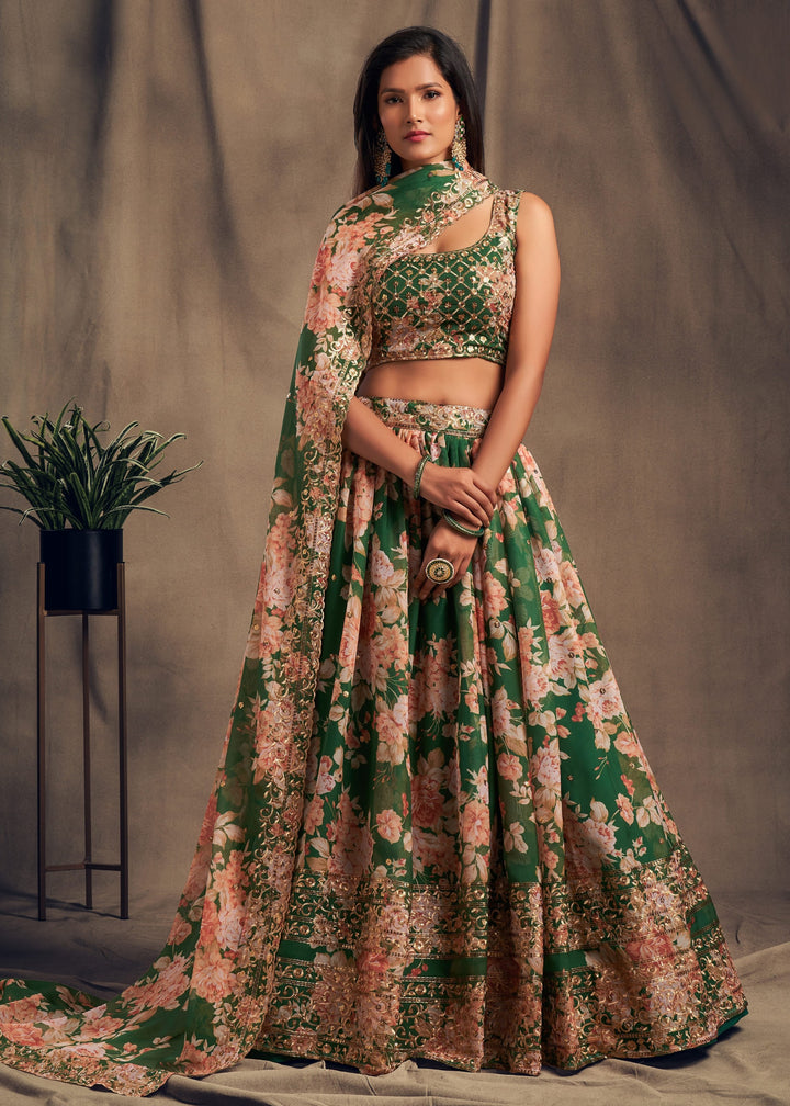 Green Organza Lehenga Sequins Zari Embroidery Work