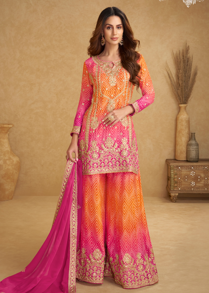 Rani Pink – Orange Ombre Chinon Palazzo Suit