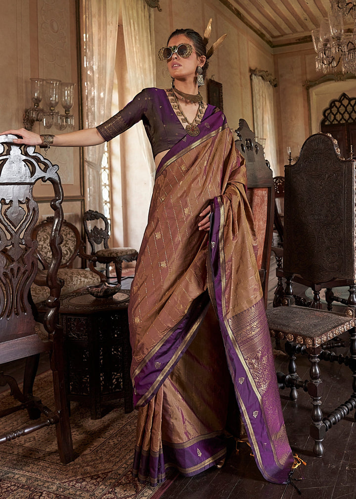 Brown Tussar Silk Handloom Weaving Saree