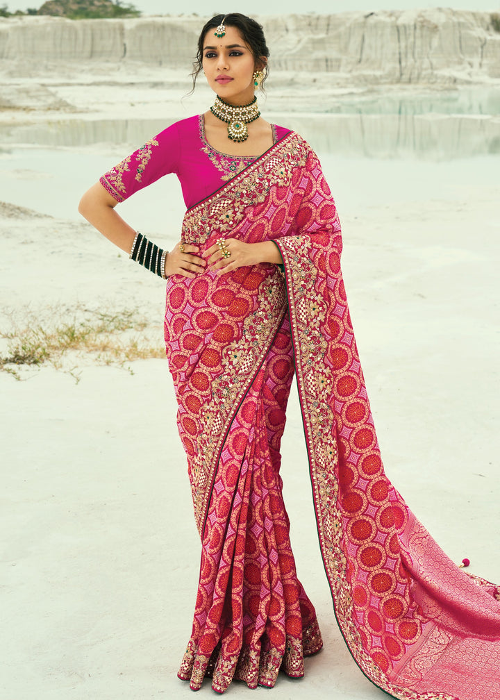Rani Pink Georgette Bandhej Saree With Moti & Cut-Dana Handwork Border
