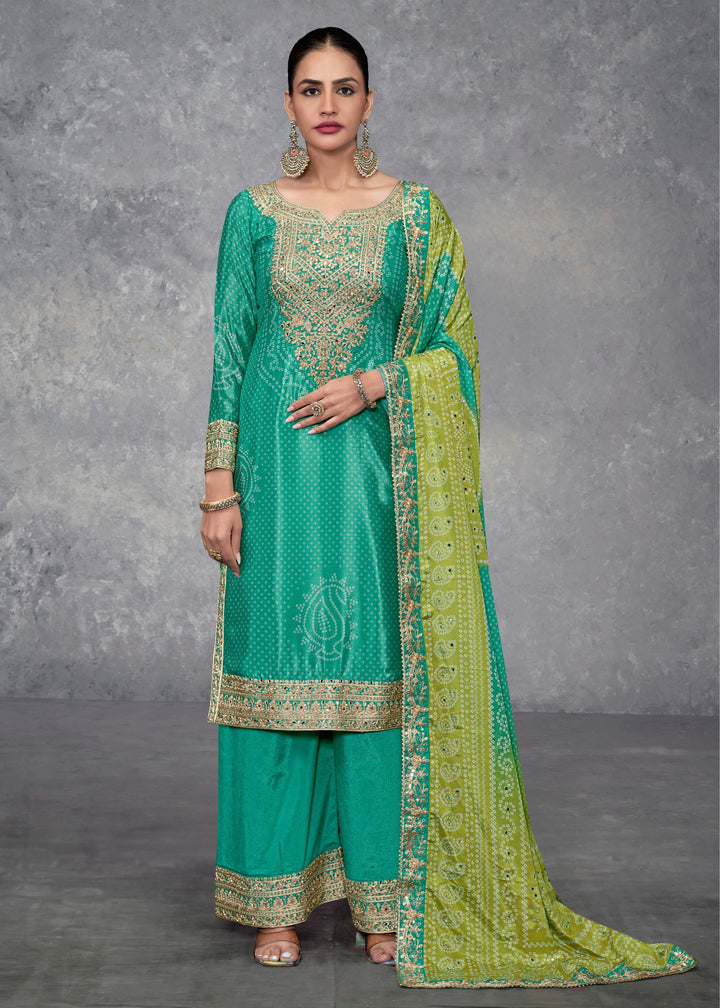Teal Green Chinon Salwar Suit with Green–Yellow Dupatta
