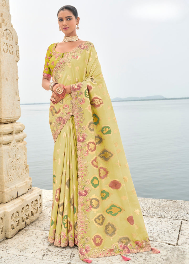 Canary Yellow Silk Saree With Embroidery Cut and Butti Work