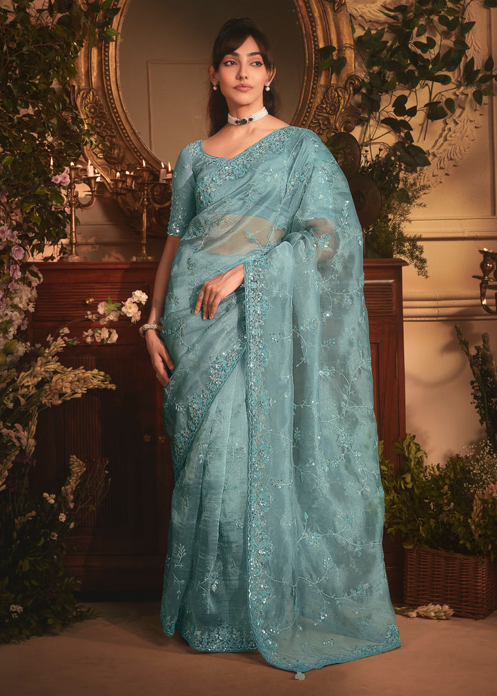 Aqua Blue Tissue Organza Saree With Heavy Embroidery