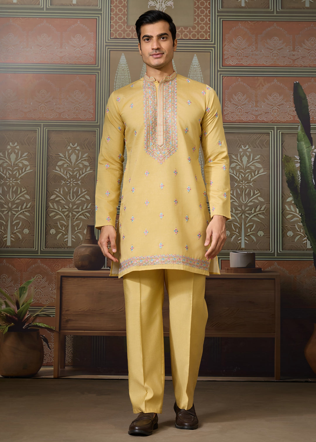 Mustard Yellow Mens Wear Koti Style with Silk Kurta and Pajama