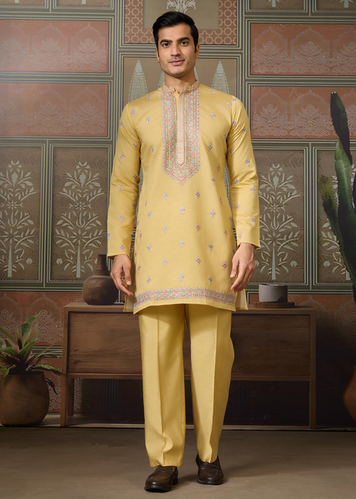 Mustard Yellow Mens Wear Koti Style with Silk Kurta and Pajama