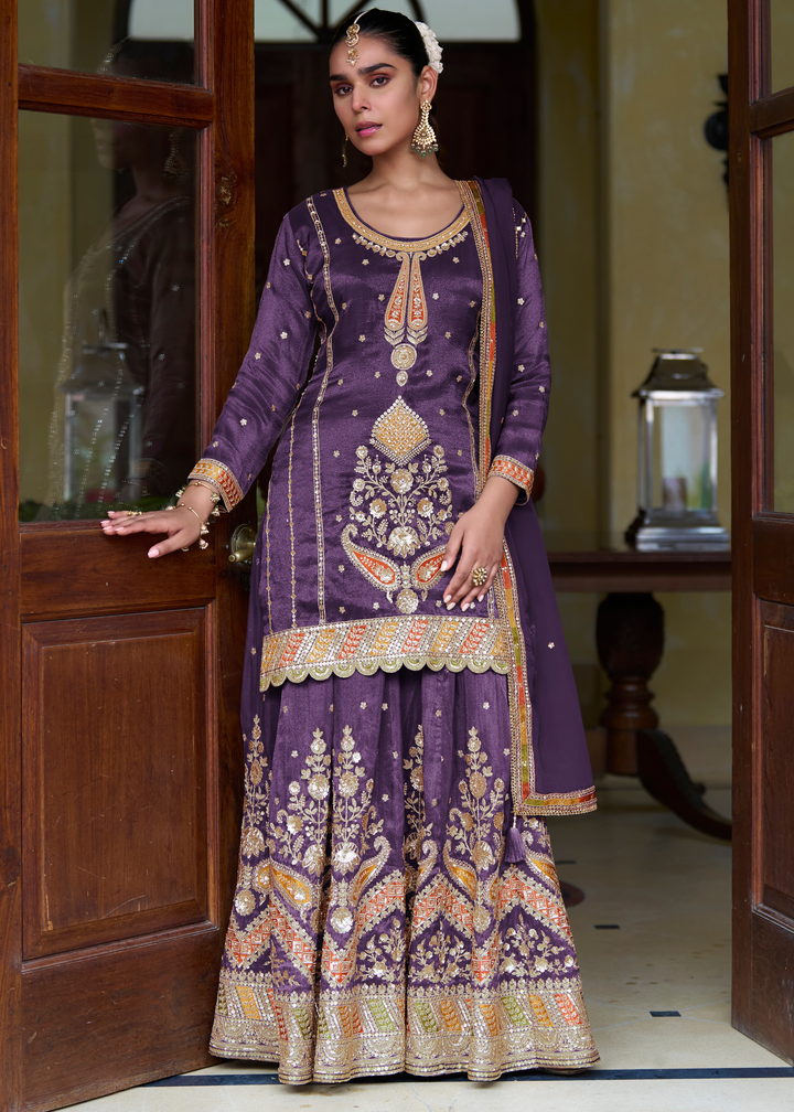 Regal Purple Simmer Silk Palazzo Suit With Embroidered Work