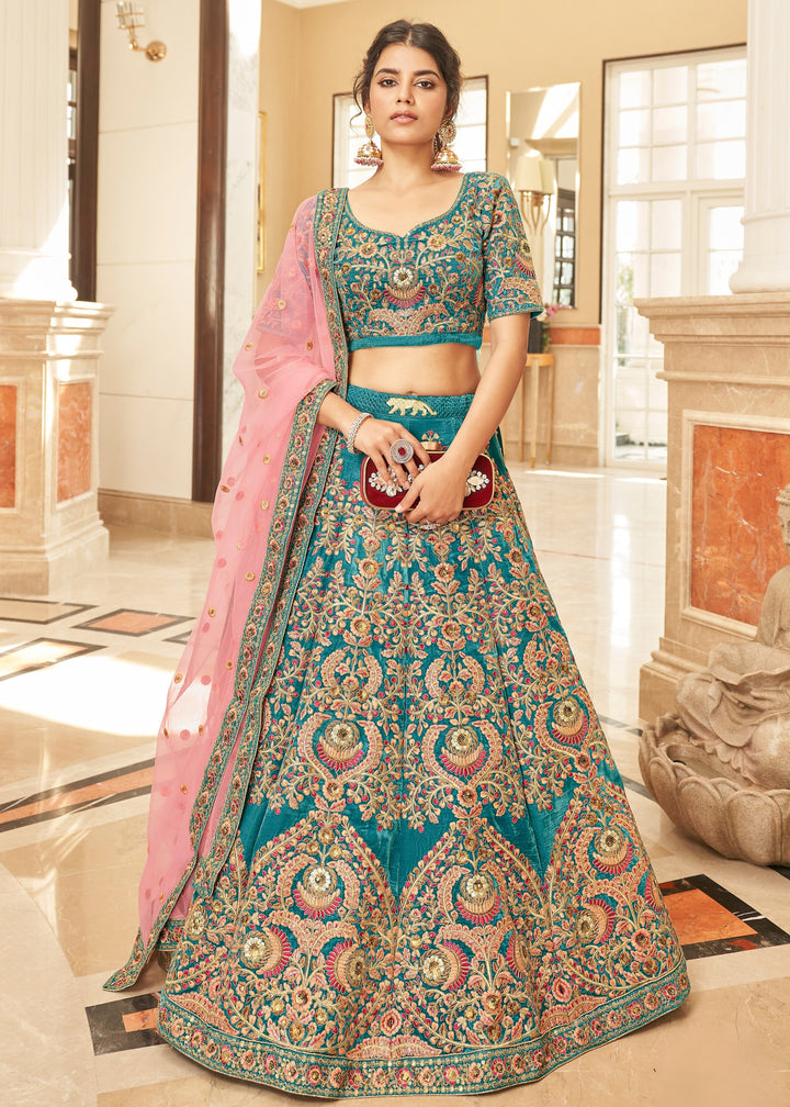 Cerulean Blue Velvet Lehenga Choli With Thread & Zari Embroidery Work