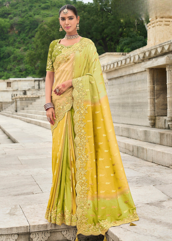 Yellow and Lime Silk Saree With Embroidery Cut and Butti Work