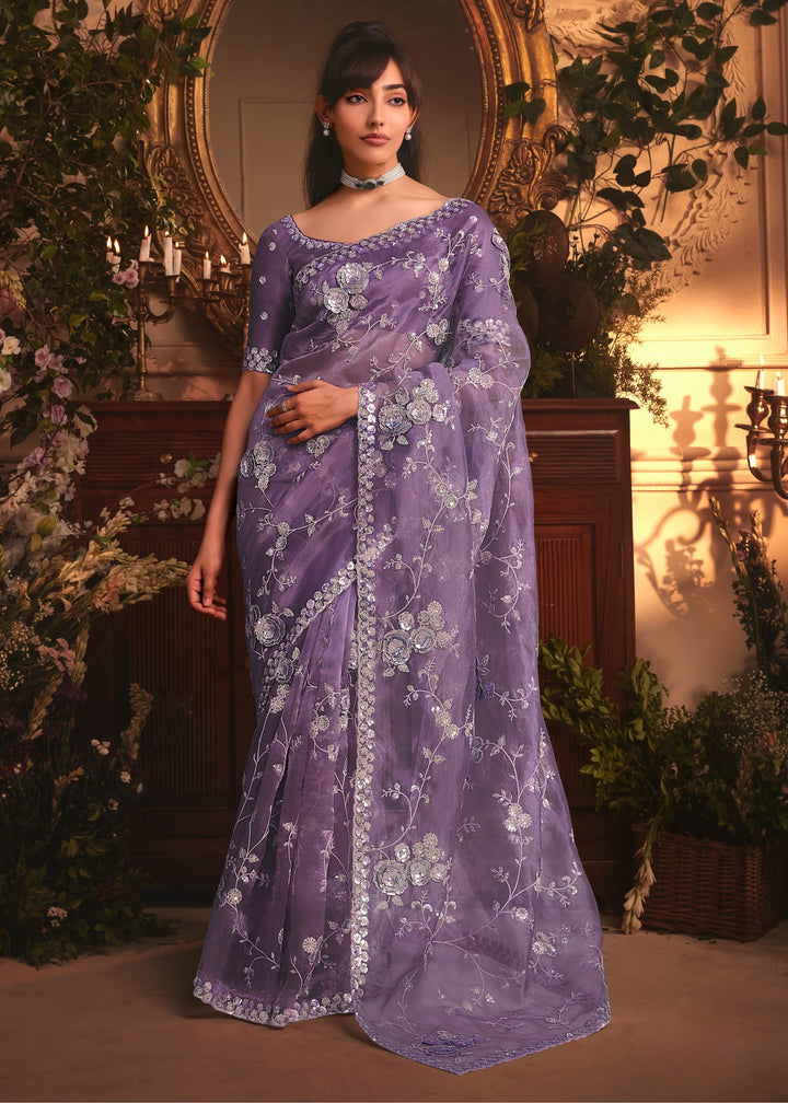 Lavender Purple Tissue Organza Saree With Heavy Embroidery