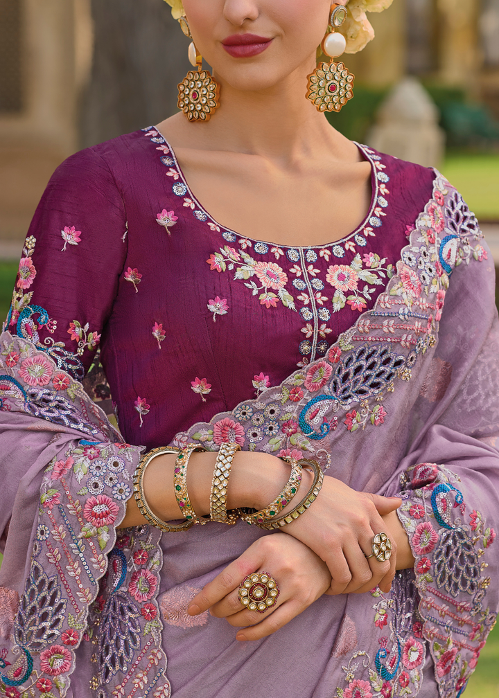 Iris Purple Tissue Silk Saree with Stone & Embroidery cut Work Border(Pre-Order)