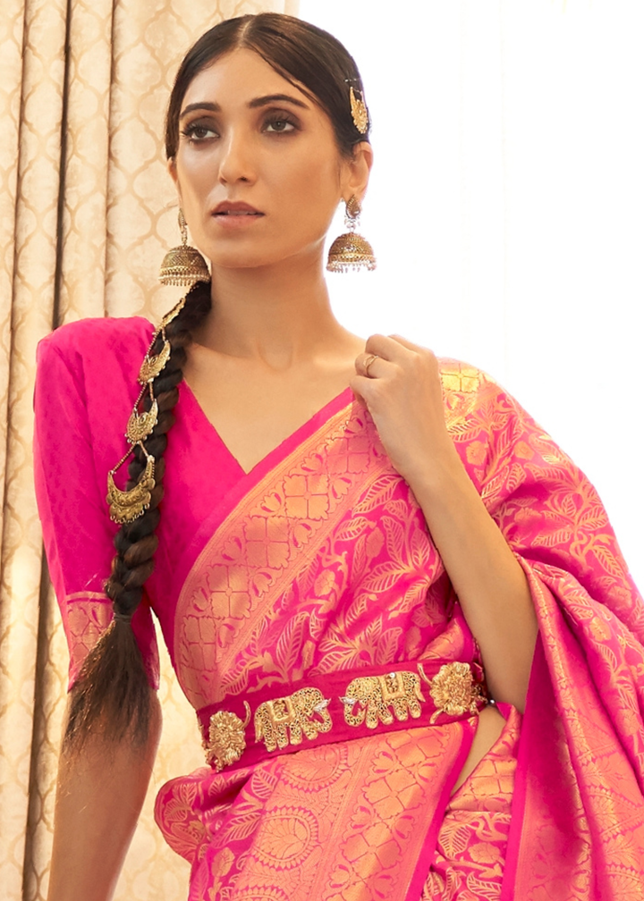 Hot Pink Zari Woven Kanjivaram Silk Saree with Tassels on Pallu