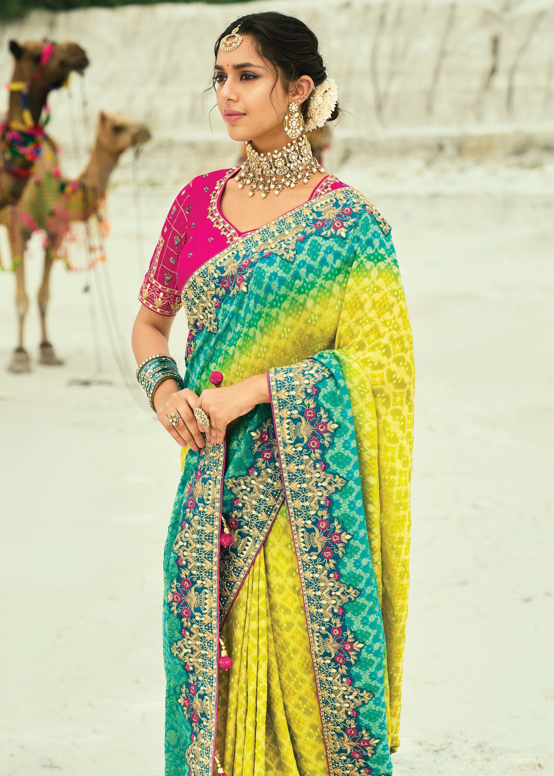 Turquoise Blue & Yellow Georgette Bandhej Saree With Moti & Cut-Dana Handwork Border