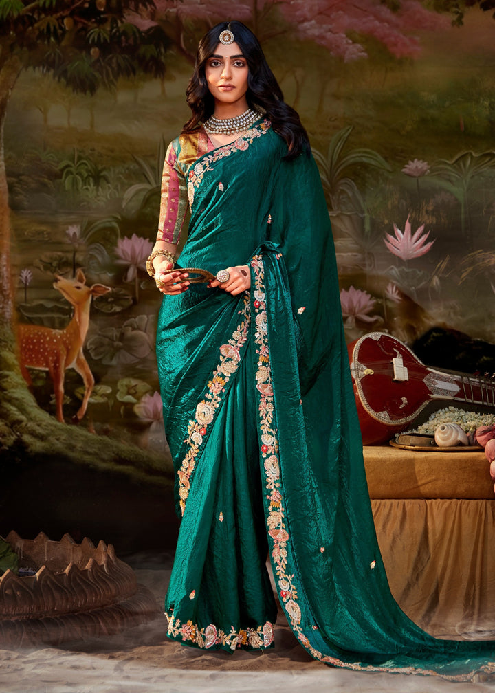 Multi-Shade And Green Saree With Embroidery And Handwork Designer Cut Border
